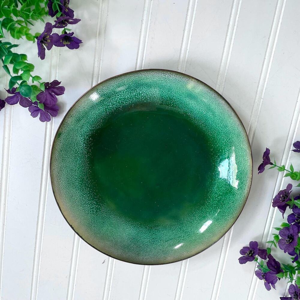 Vintage MCM Green Enamel over Copper Bowl Dish Mid Century Modern